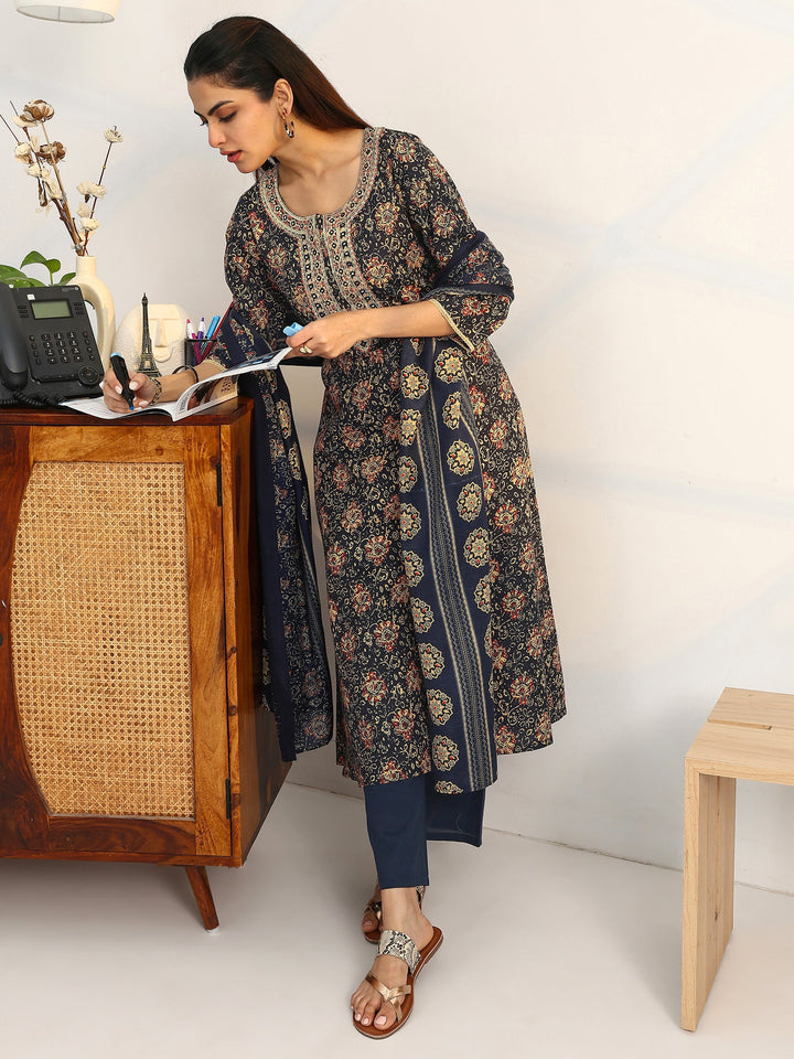 Navy Blue Ethnic Motifs Printed Cotton Blend A-Line Suit Set With Dupatta