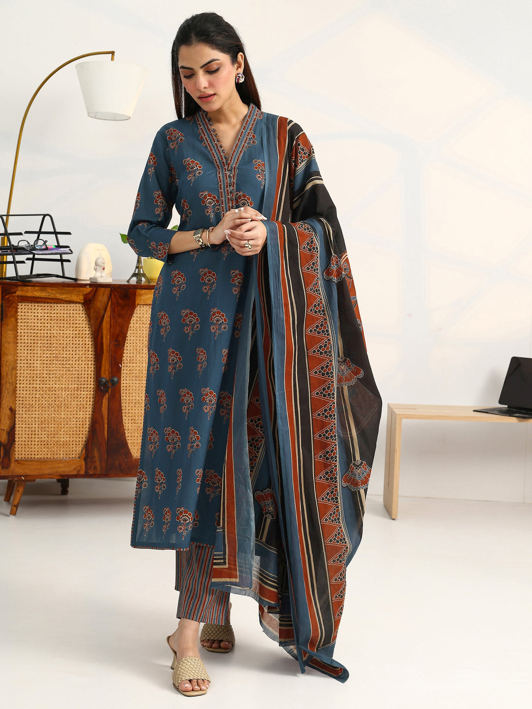 Blue Floral Printed Cotton Blend Straight Suit Set With Dupatta