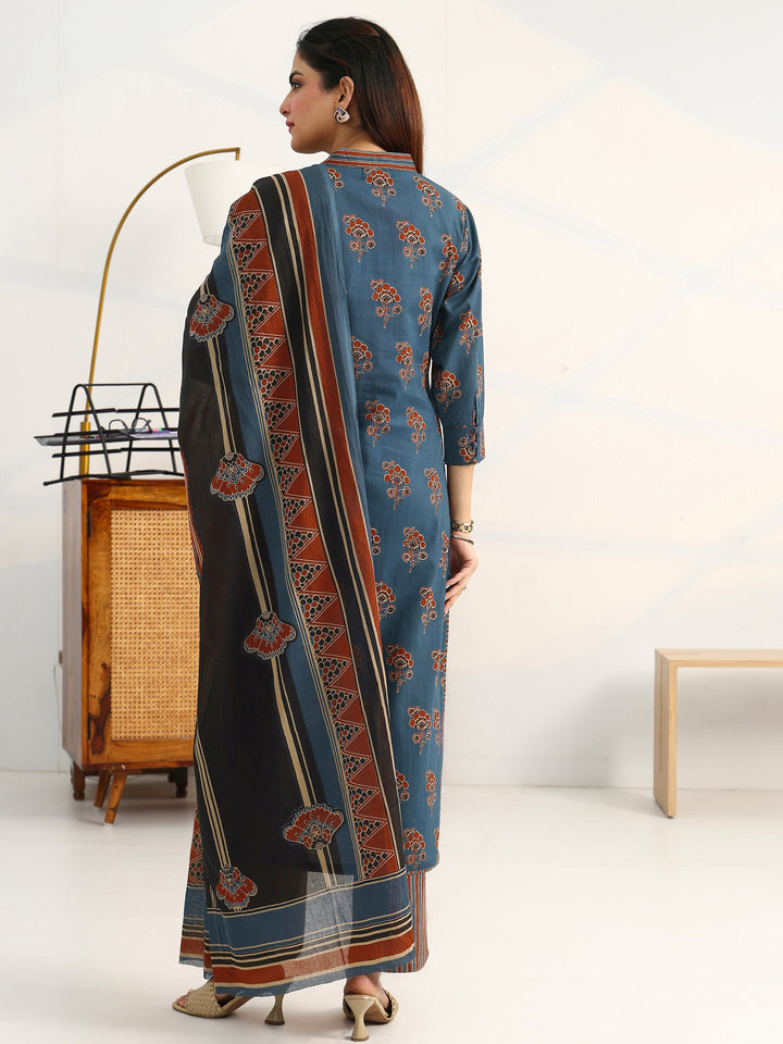 Blue Floral Printed Cotton Blend Straight Suit Set With Dupatta