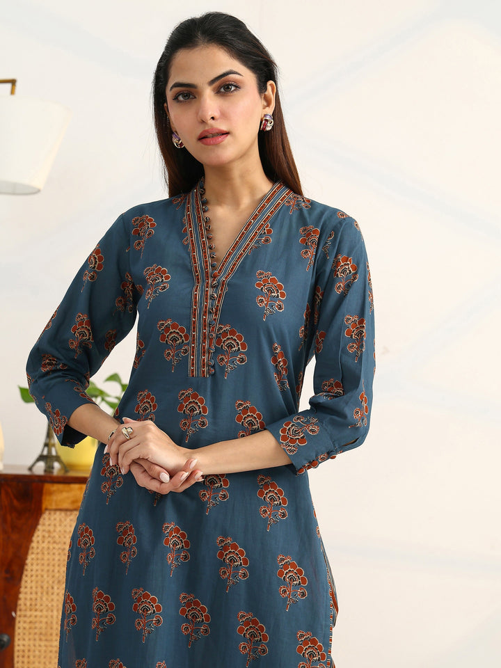 Blue Floral Printed Cotton Blend Straight Suit Set With Dupatta