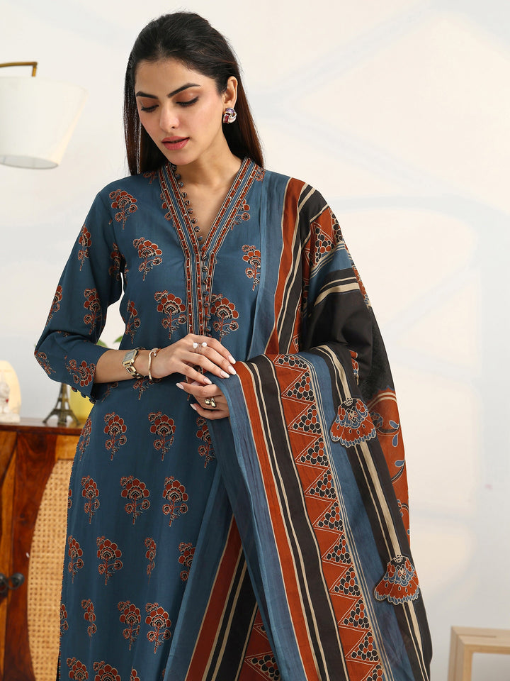 Blue Floral Printed Cotton Blend Straight Suit Set With Dupatta