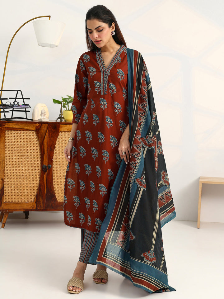Rust Floral Printed Cotton Blend Straight Suit Set With Dupatta