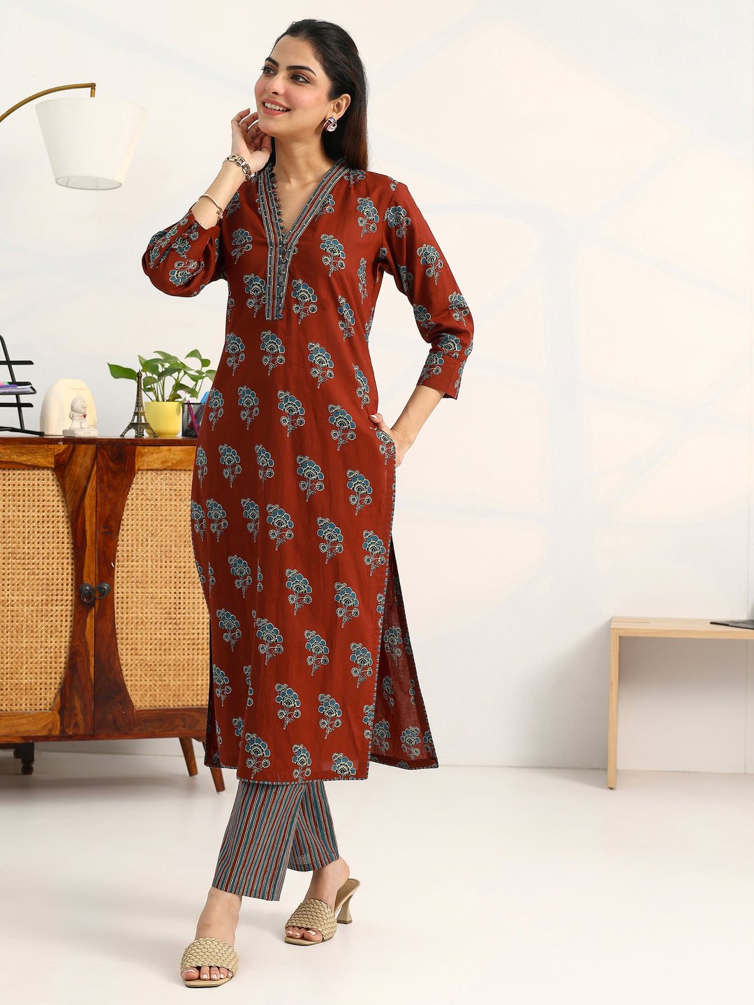 Rust Floral Printed Cotton Blend Straight Suit Set With Dupatta