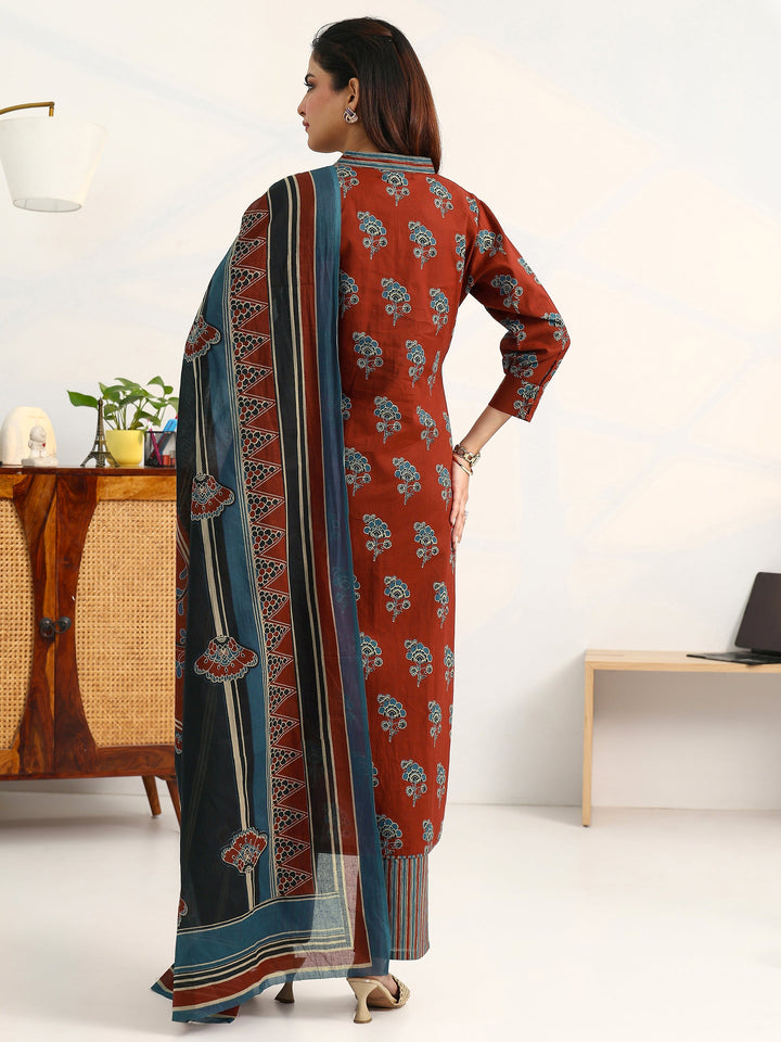 Rust Floral Printed Cotton Blend Straight Suit Set With Dupatta
