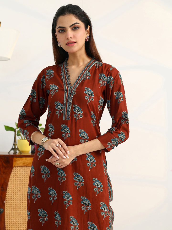 Rust Floral Printed Cotton Blend Straight Suit Set With Dupatta