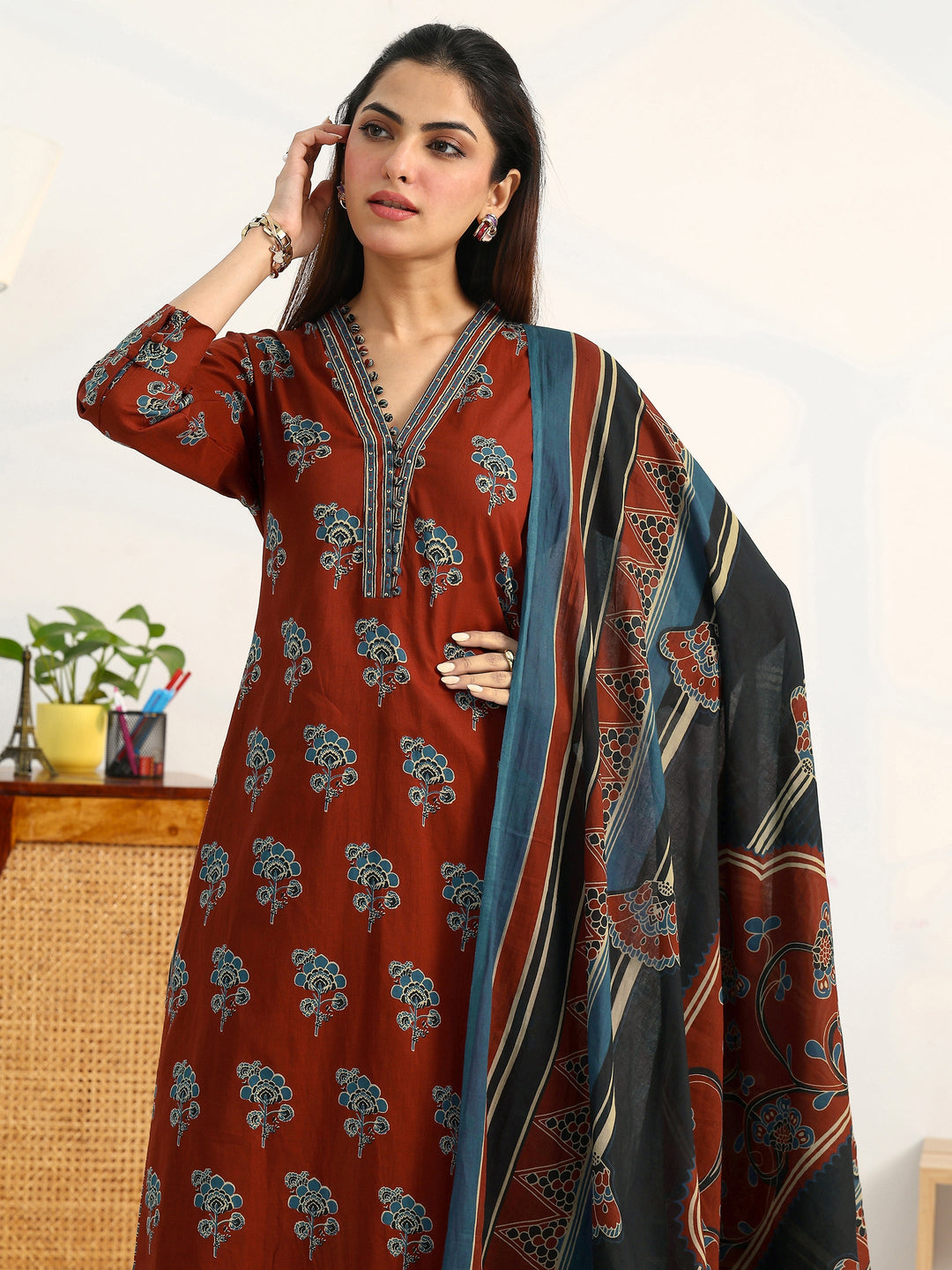 Rust Floral Printed Cotton Blend Straight Suit Set With Dupatta