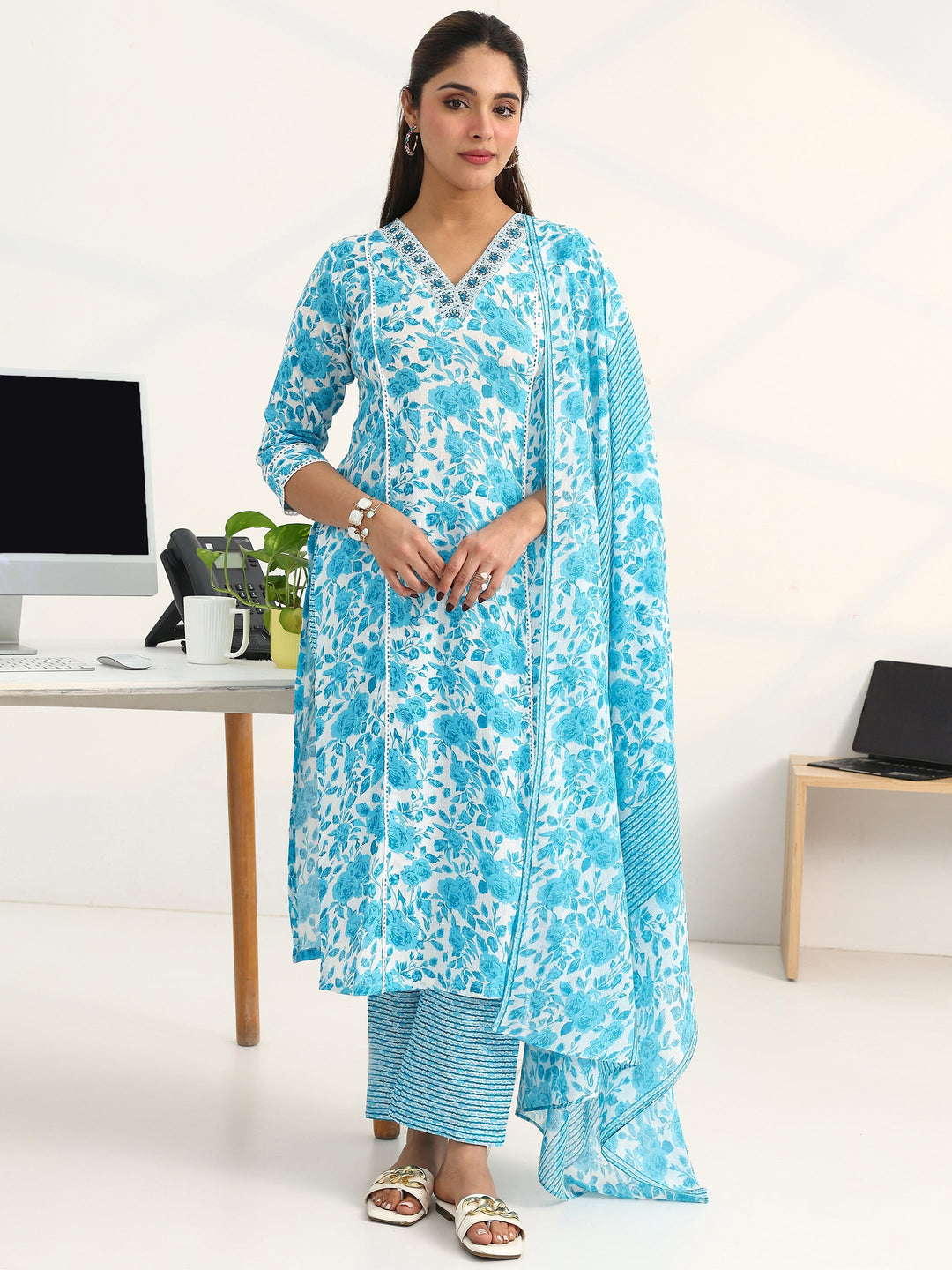 Blue Floral Printed Cotton Blend Straight Suit Set With Dupatta