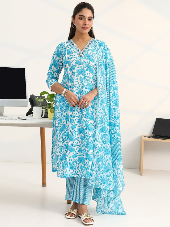 Blue Floral Printed Cotton Blend Straight Suit Set With Dupatta
