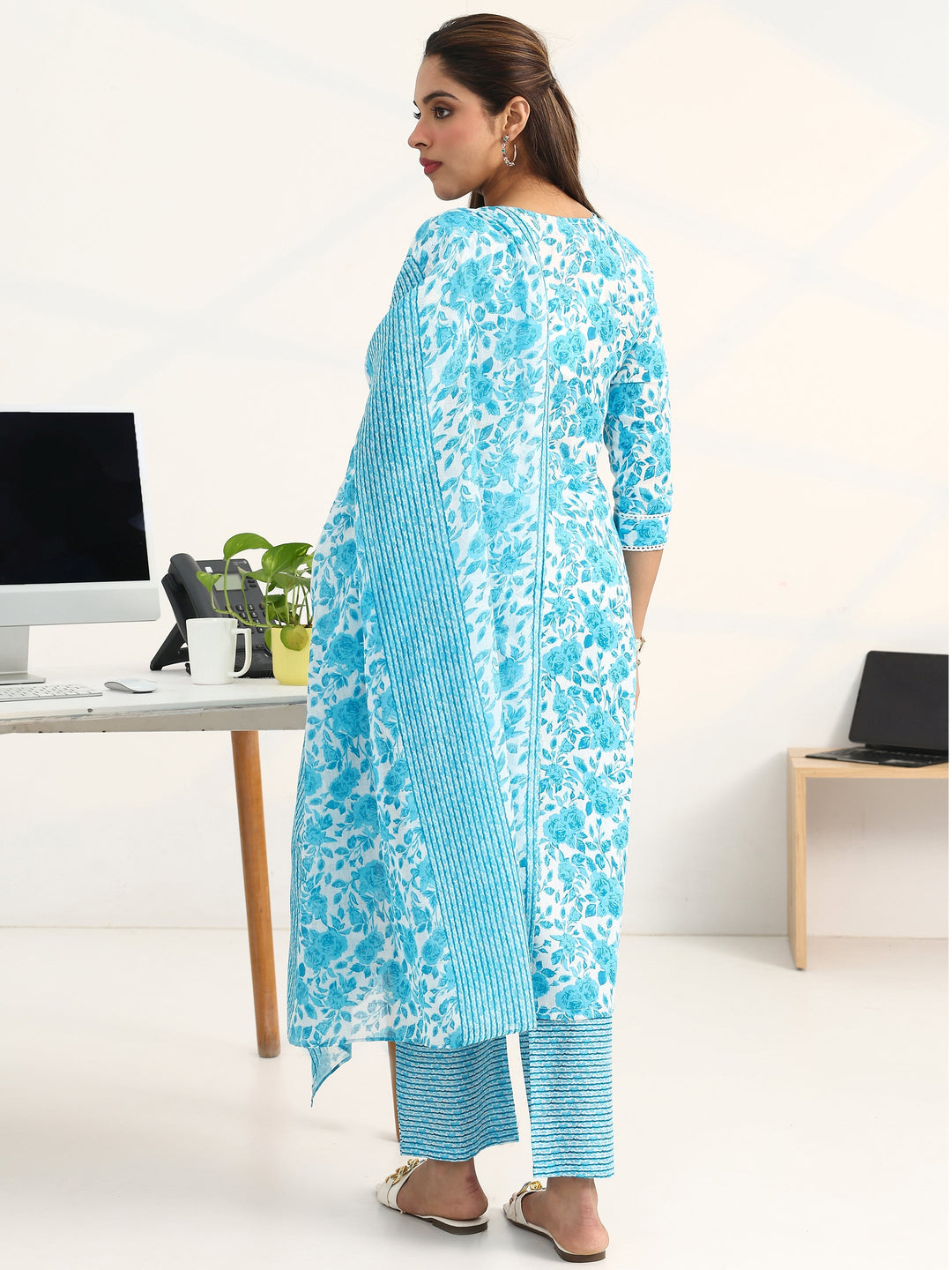 Blue Floral Printed Cotton Blend Straight Suit Set With Dupatta