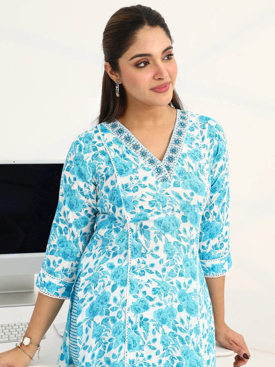 Blue Floral Printed Cotton Blend Straight Suit Set With Dupatta