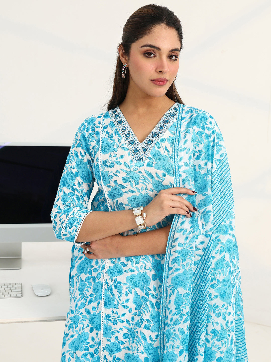 Blue Floral Printed Cotton Blend Straight Suit Set With Dupatta