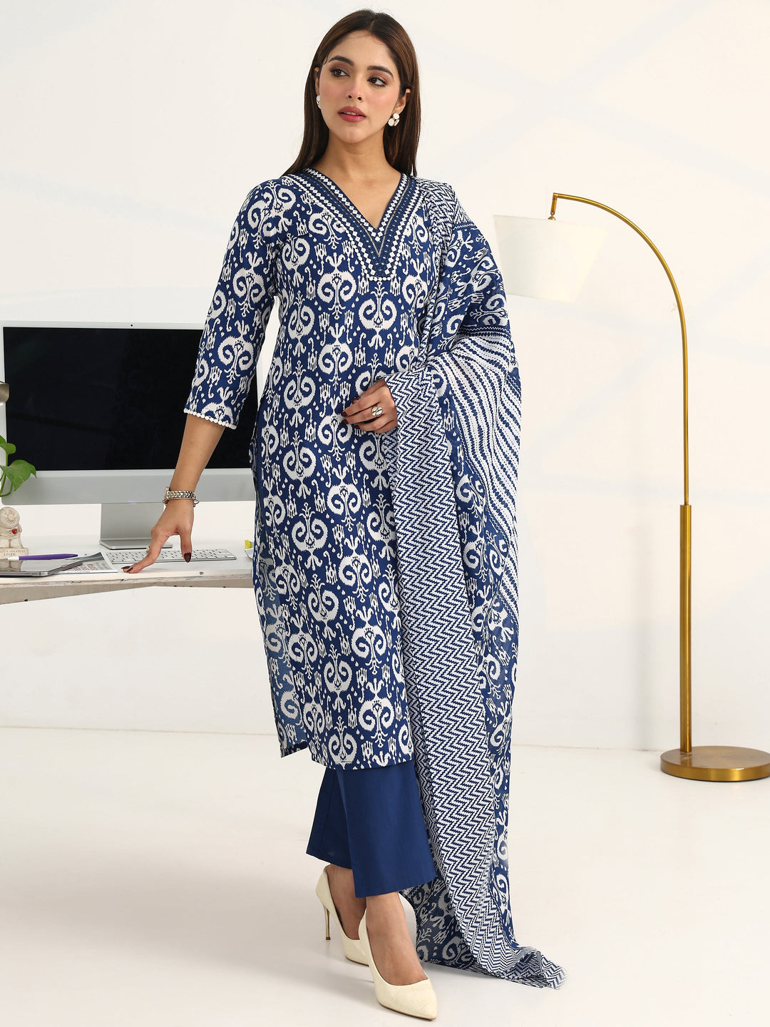 Blue Ethnic Motifs Printed Cotton Blend Straight Suit Set With Dupatta