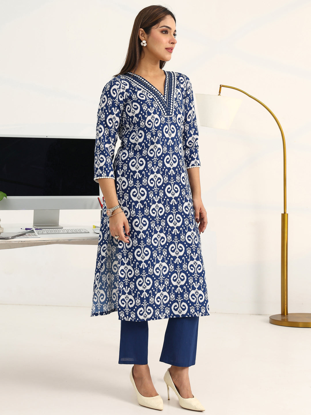Blue Ethnic Motifs Printed Cotton Blend Straight Suit Set With Dupatta
