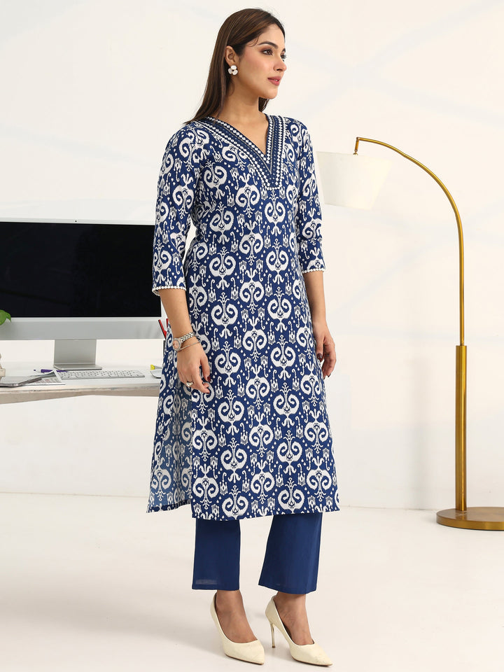 Blue Ethnic Motifs Printed Cotton Blend Straight Suit Set With Dupatta