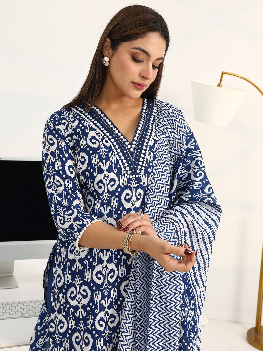 Blue Ethnic Motifs Printed Cotton Blend Straight Suit Set With Dupatta