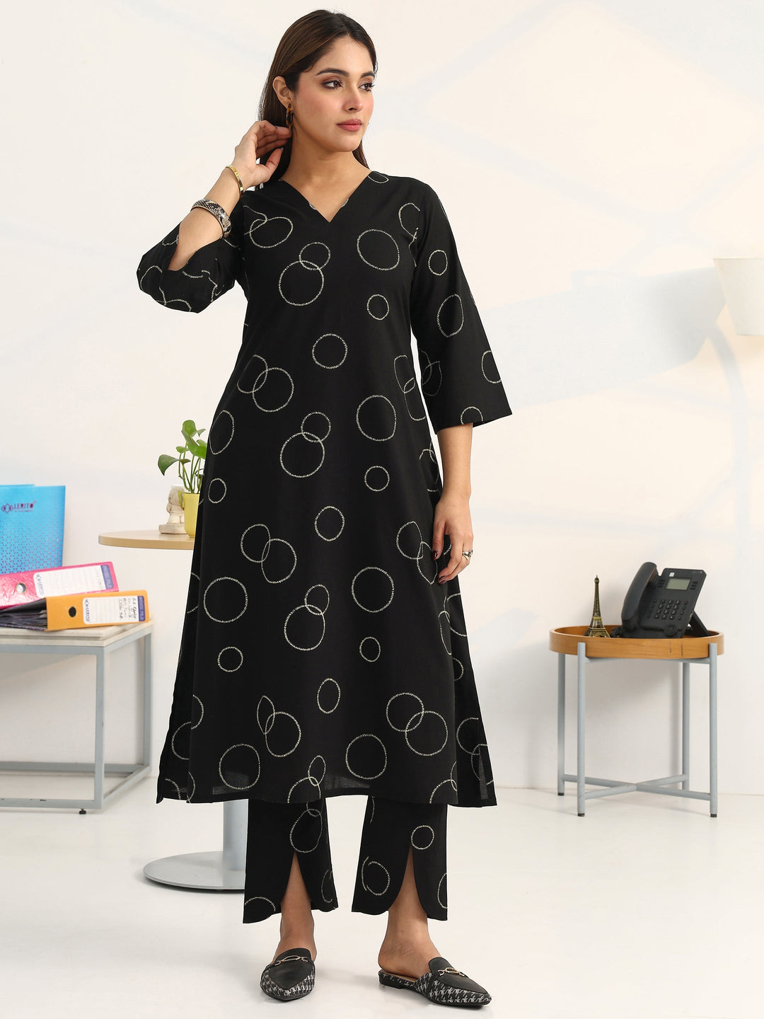 Black Geometric Printed Cotton Blend A-Line Kurta Set