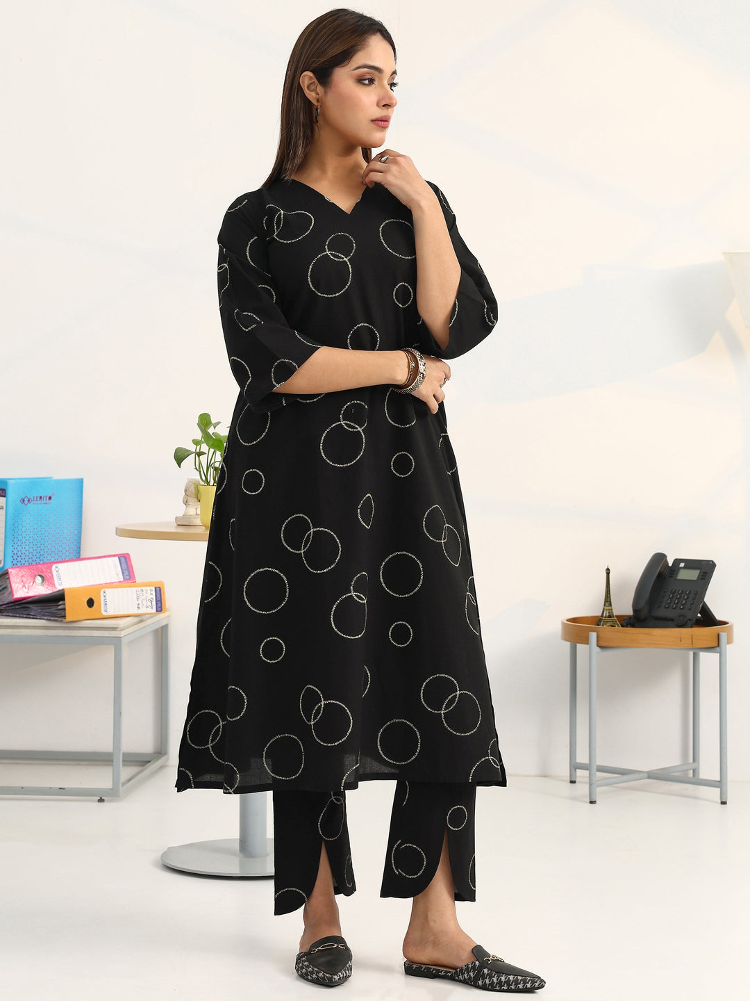 Black Geometric Printed Cotton Blend A-Line Kurta Set