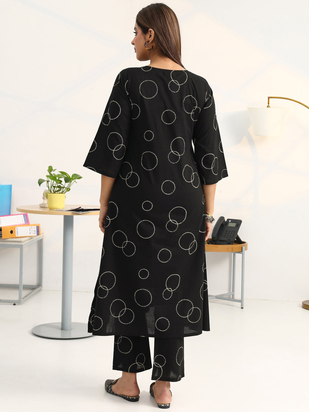Black Geometric Printed Cotton Blend A-Line Kurta Set