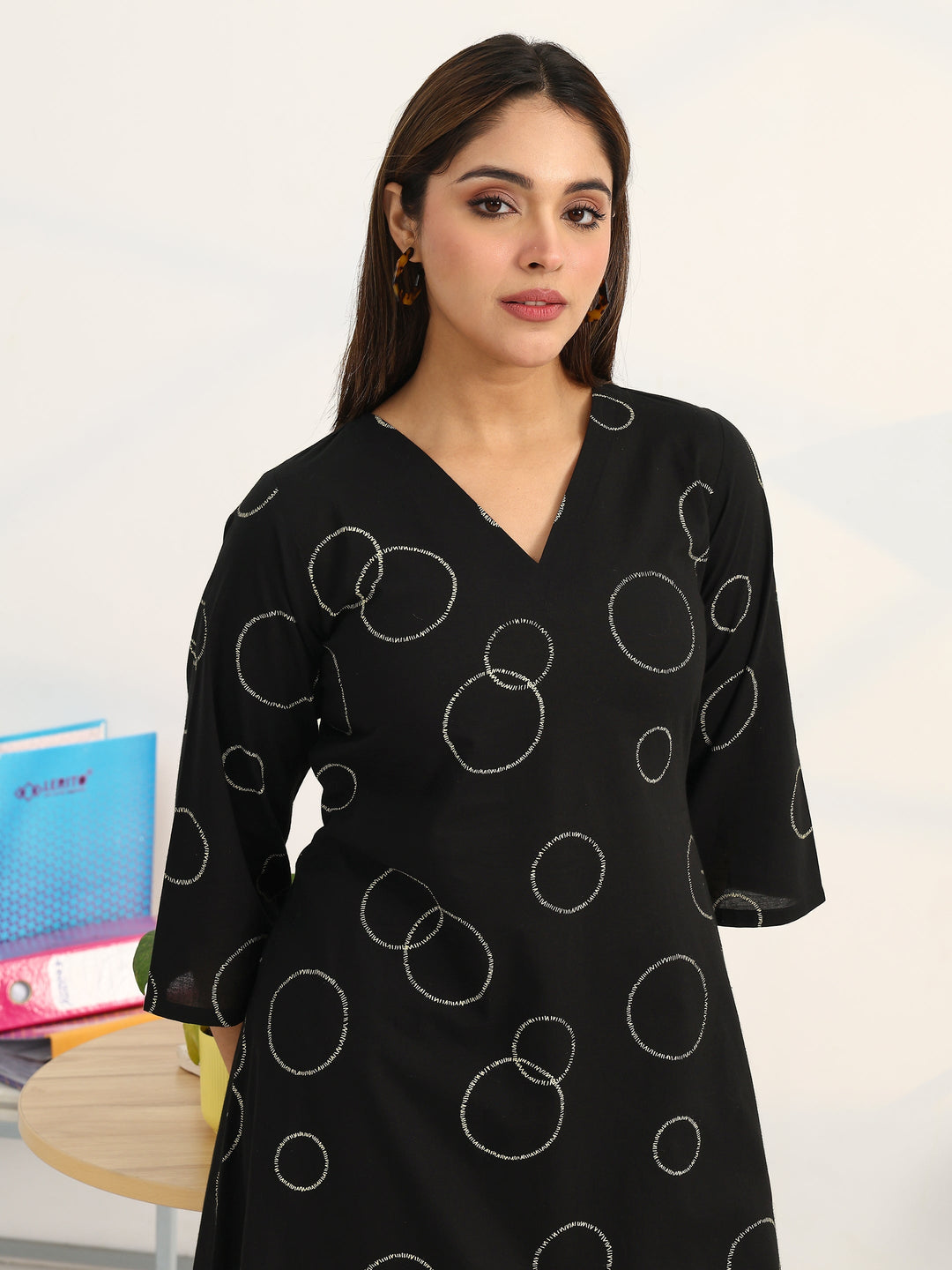 Black Geometric Printed Cotton Blend A-Line Kurta Set