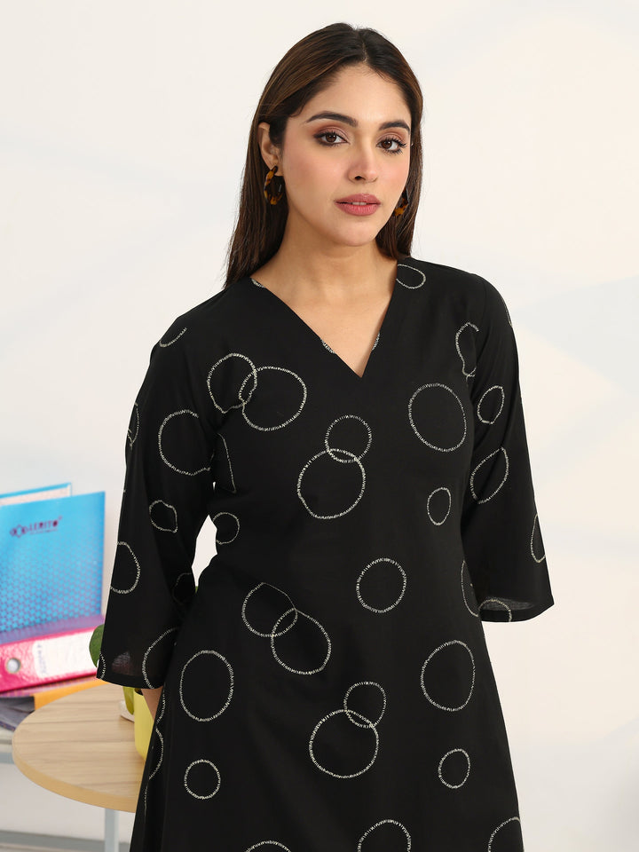 Black Geometric Printed Cotton Blend A-Line Kurta Set