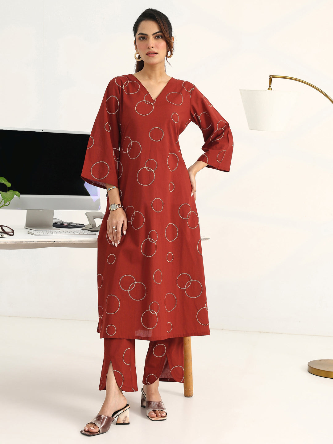 Rust Geometric Printed Cotton Blend A-Line Kurta Set