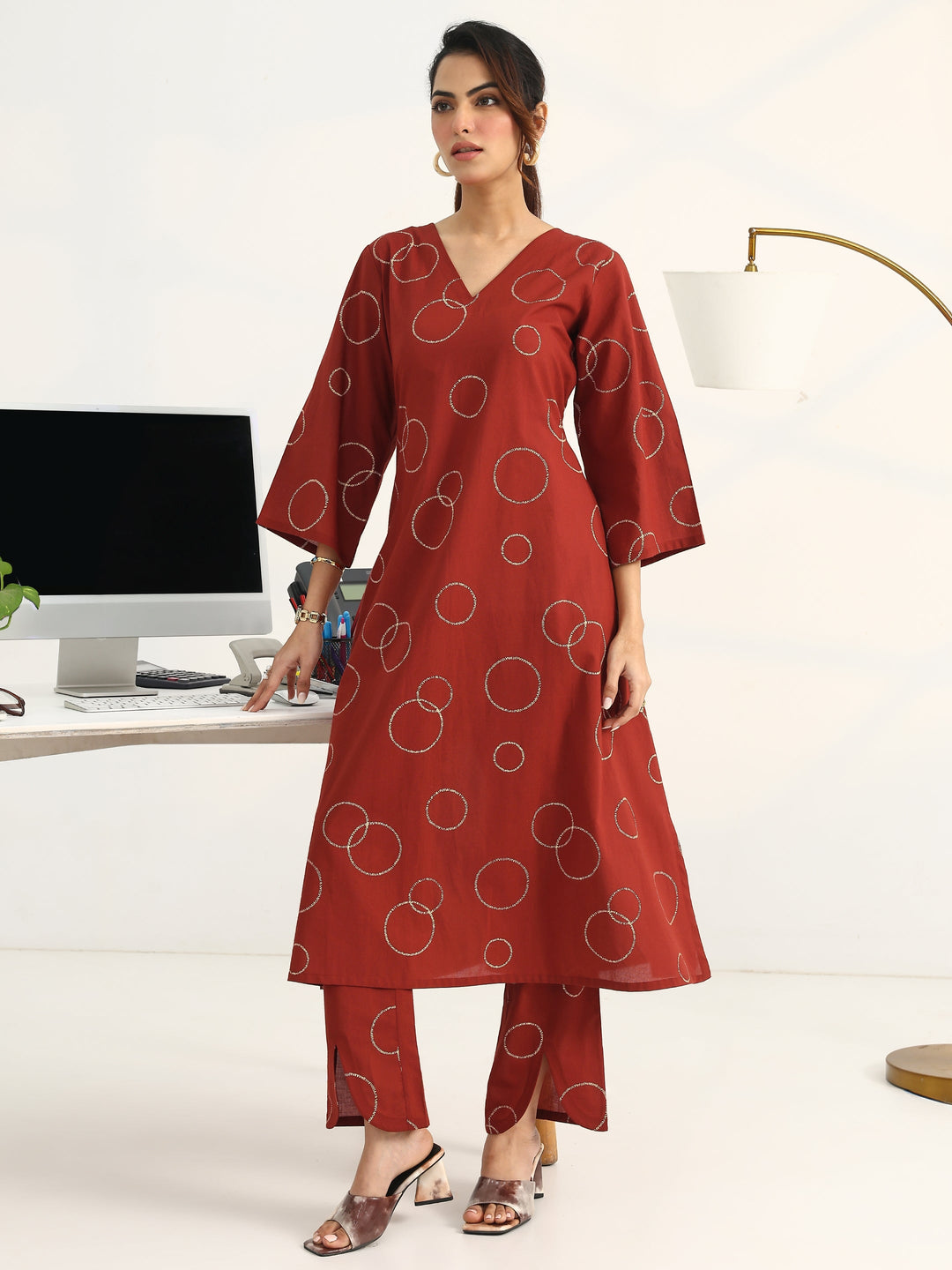 Rust Geometric Printed Cotton Blend A-Line Kurta Set