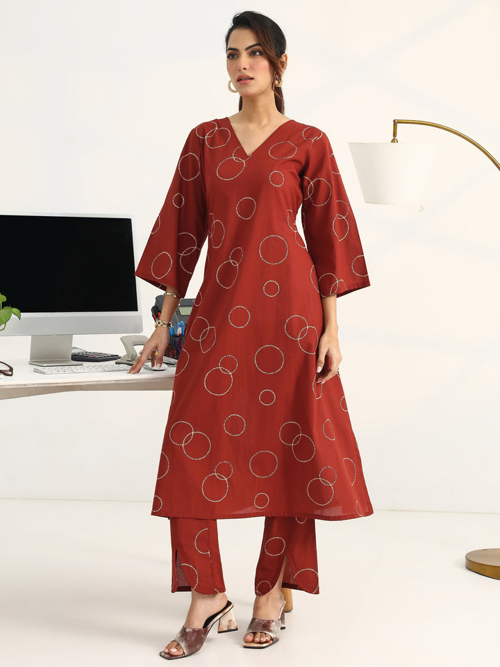 Rust Geometric Printed Cotton Blend A-Line Kurta Set