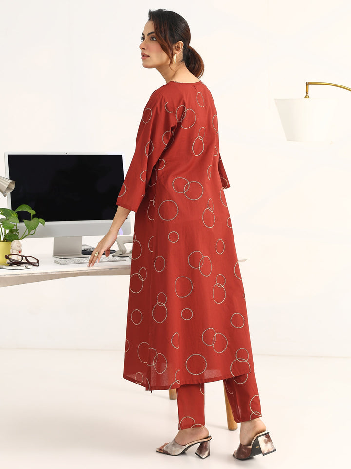 Rust Geometric Printed Cotton Blend A-Line Kurta Set