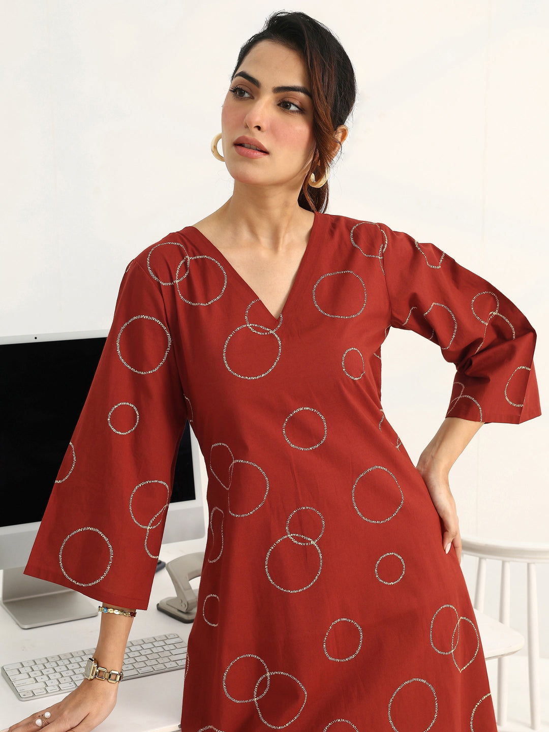 Rust Geometric Printed Cotton Blend A-Line Kurta Set