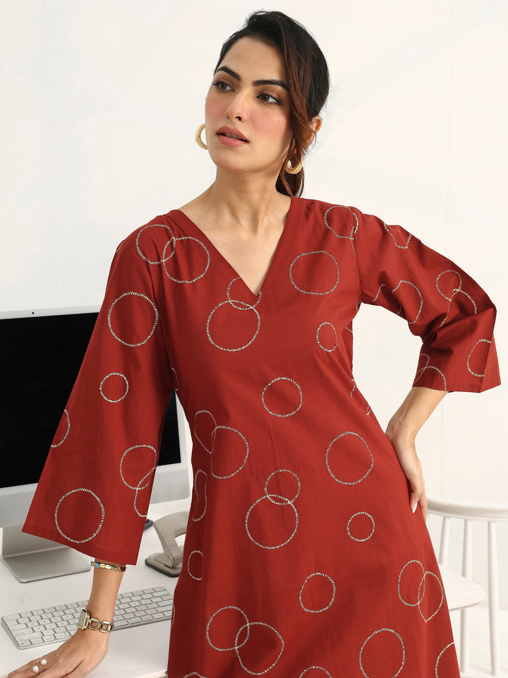 Rust Geometric Printed Cotton Blend A-Line Kurta Set