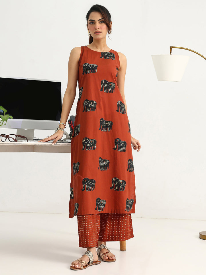 Rust Tribal Printed Cotton Blend Straight Kurta Set