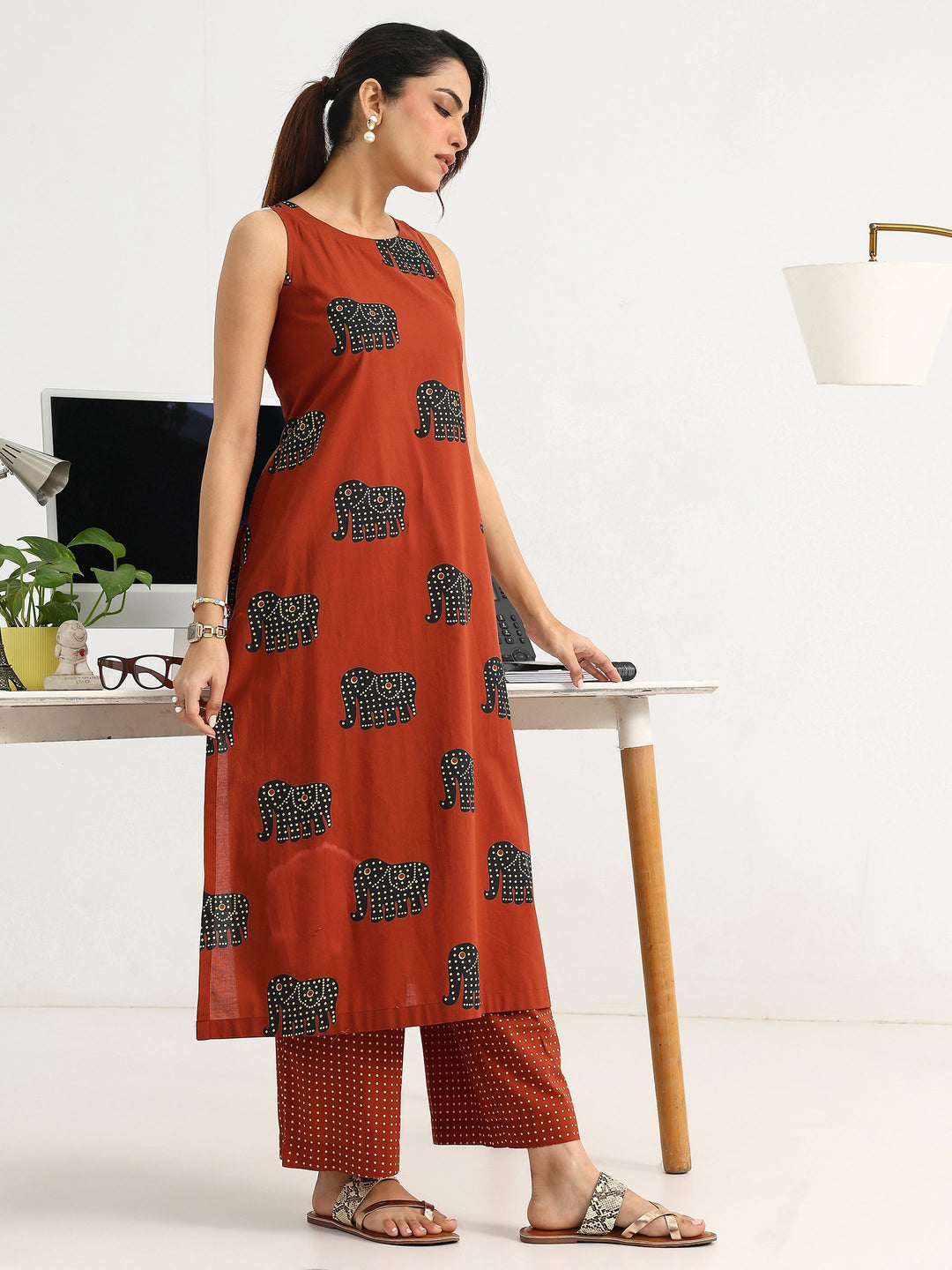 Rust Tribal Printed Cotton Blend Straight Kurta Set