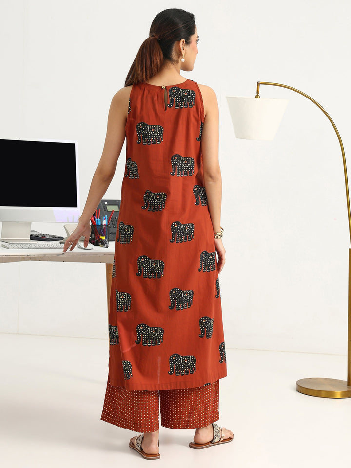 Rust Tribal Printed Cotton Blend Straight Kurta Set