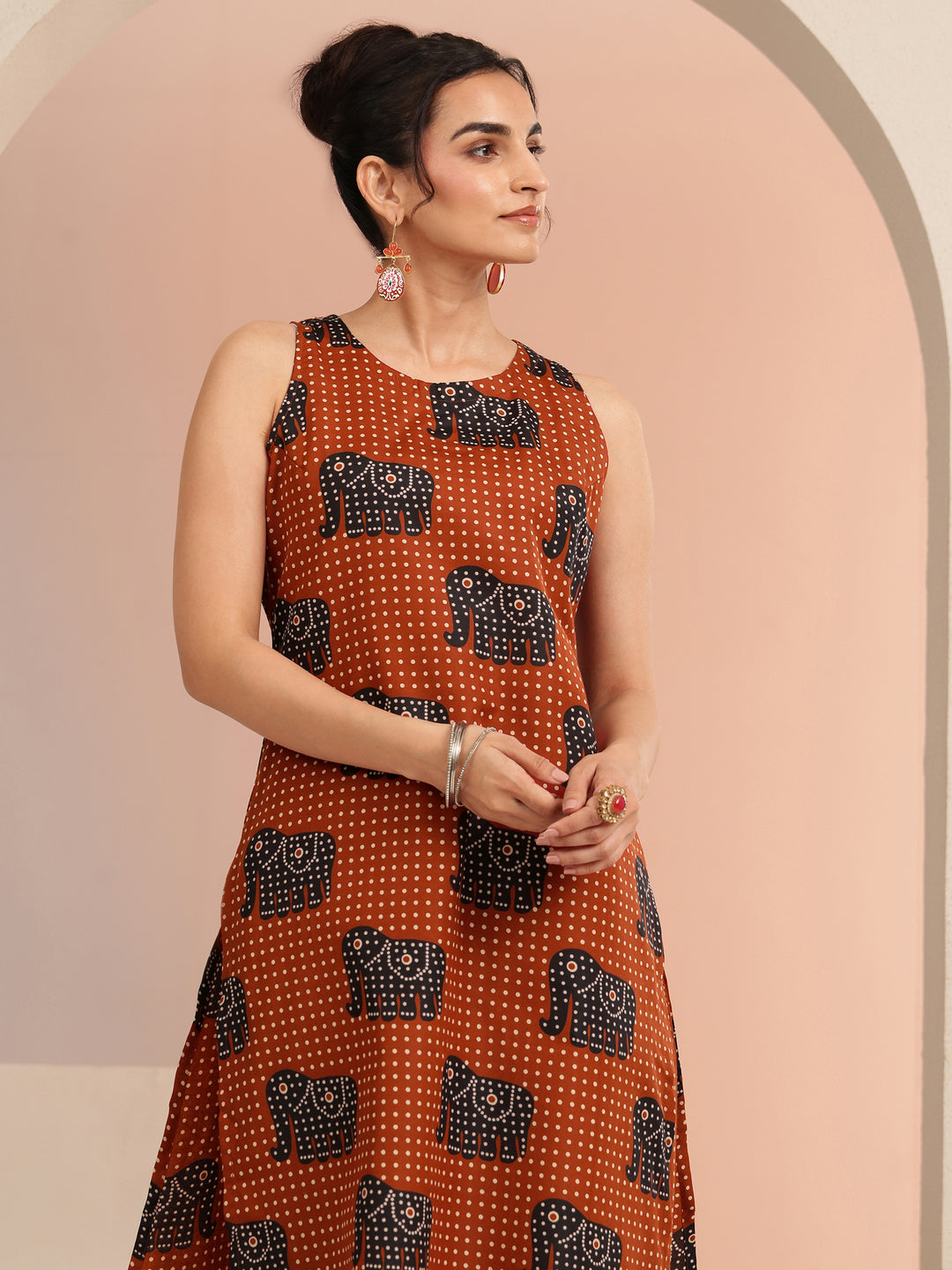 Rust Tribal Printed Cotton Blend Straight Kurta Set