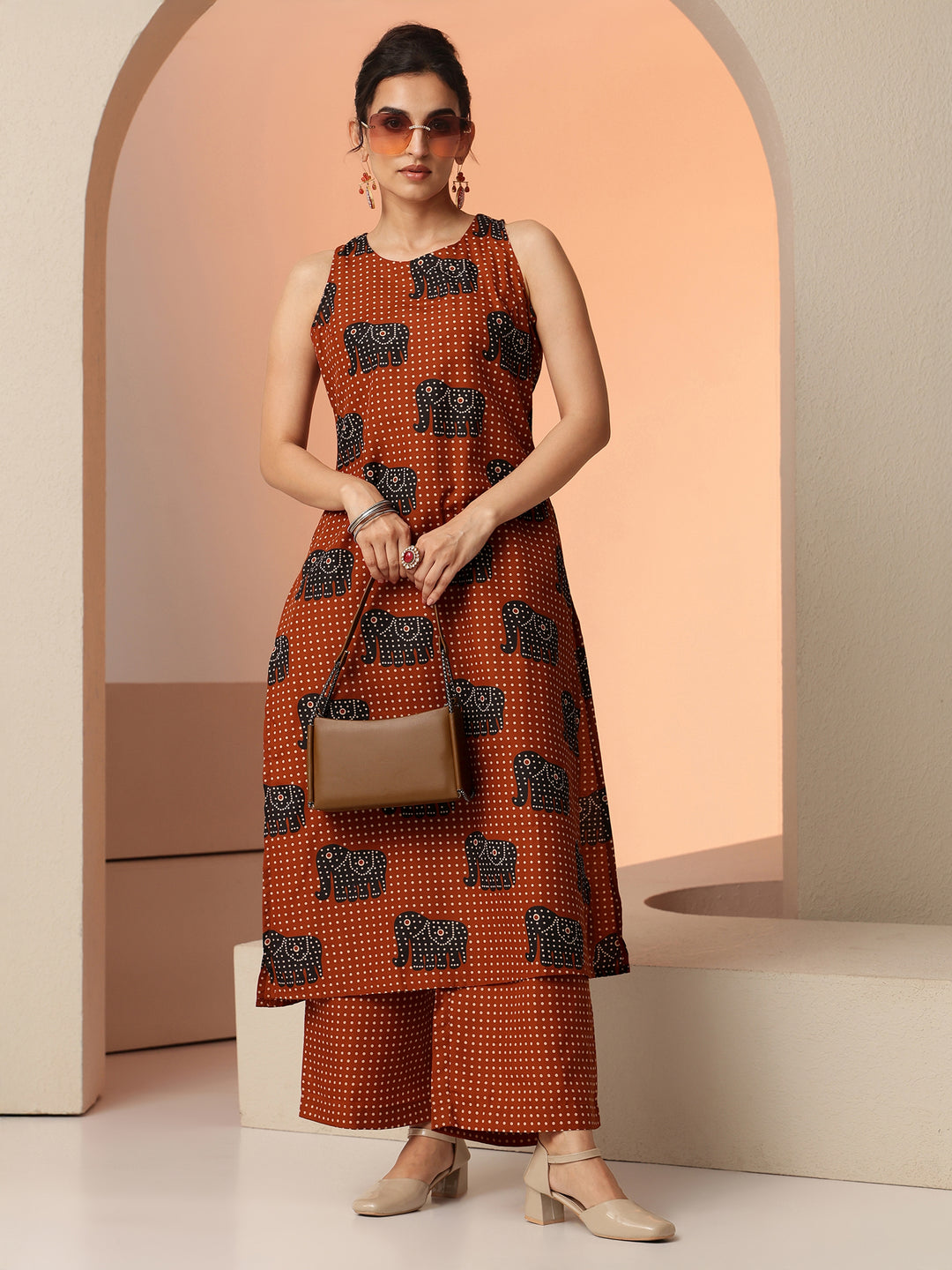 Rust Tribal Printed Cotton Blend Straight Kurta Set