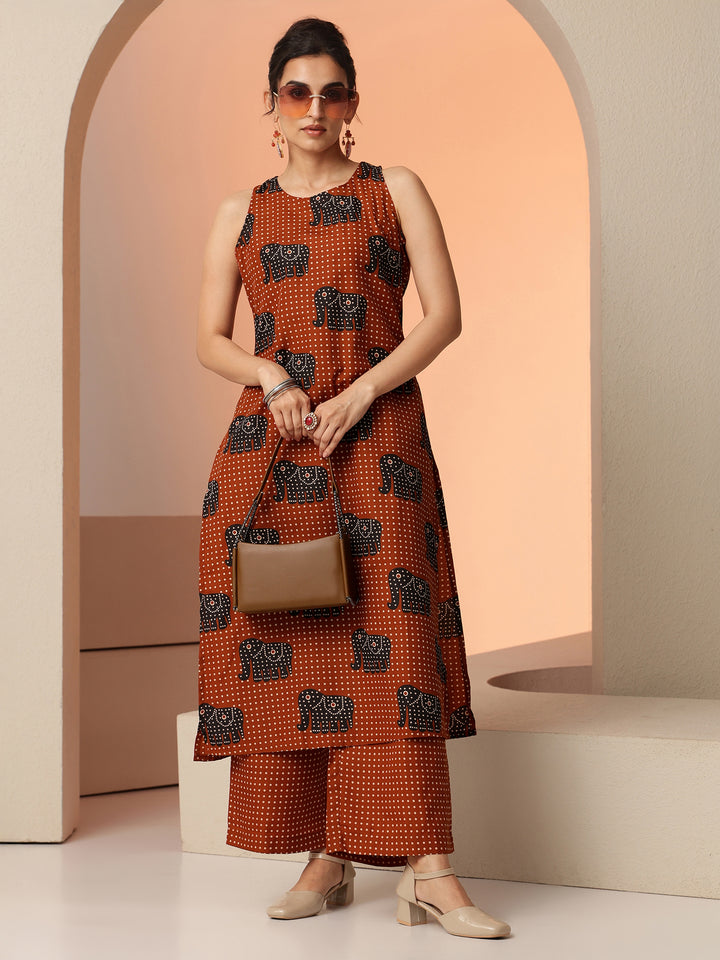 Rust Tribal Printed Cotton Blend Straight Kurta Set