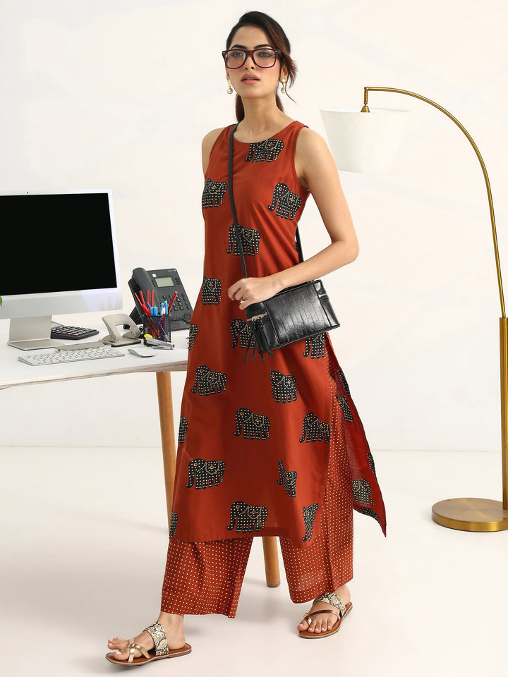 Rust Tribal Printed Cotton Blend Straight Kurta Set