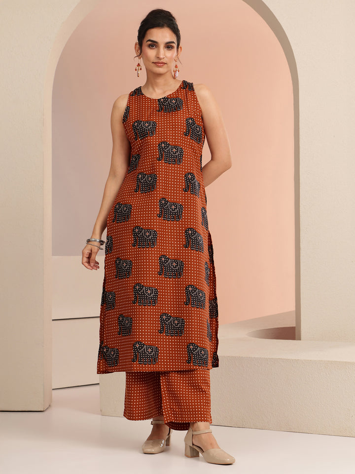 Rust Tribal Printed Cotton Blend Straight Kurta Set