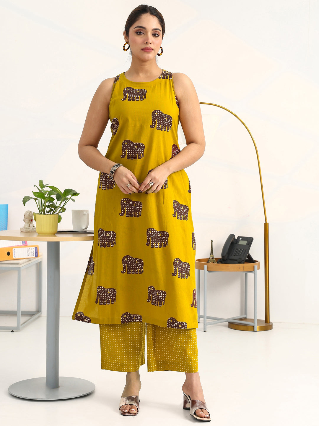 Mustard Tribal Printed Cotton Blend Straight Kurta Set