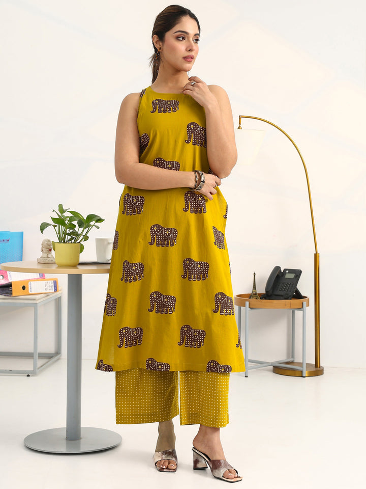 Mustard Tribal Printed Cotton Blend Straight Kurta Set