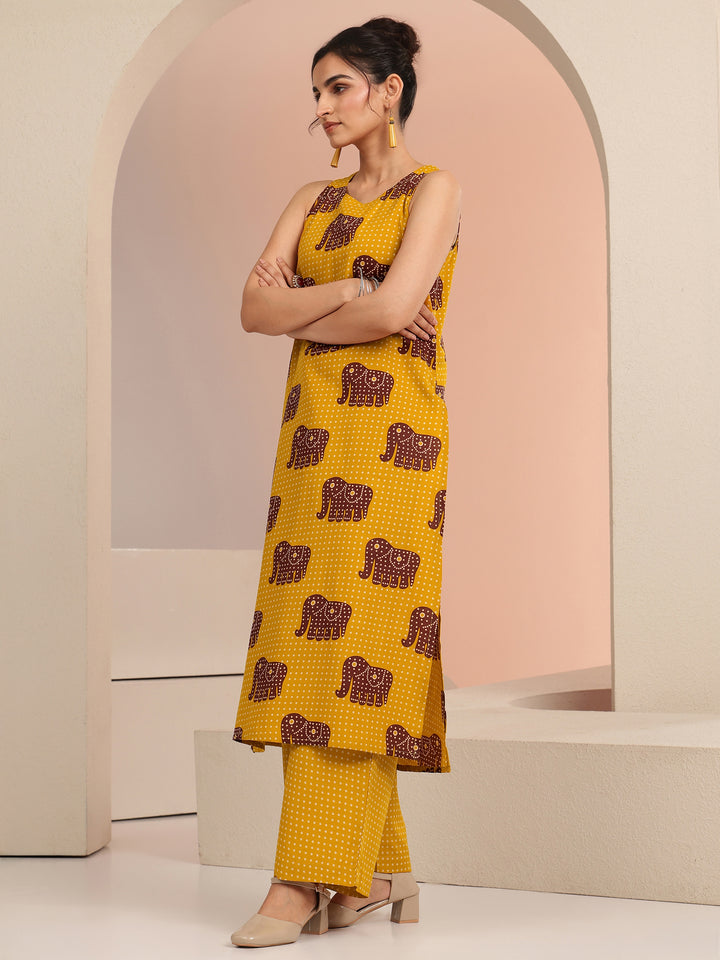 Mustard Tribal Printed Cotton Blend Straight Kurta Set