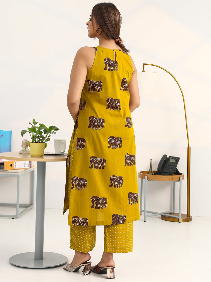 Mustard Tribal Printed Cotton Blend Straight Kurta Set