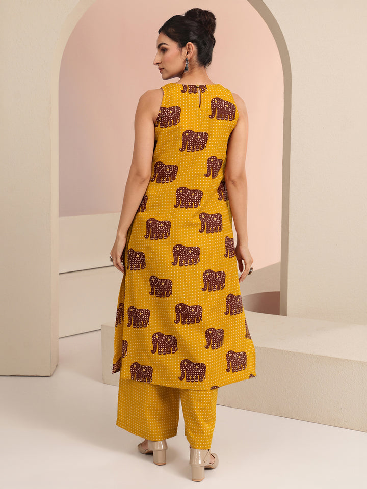 Mustard Tribal Printed Cotton Blend Straight Kurta Set