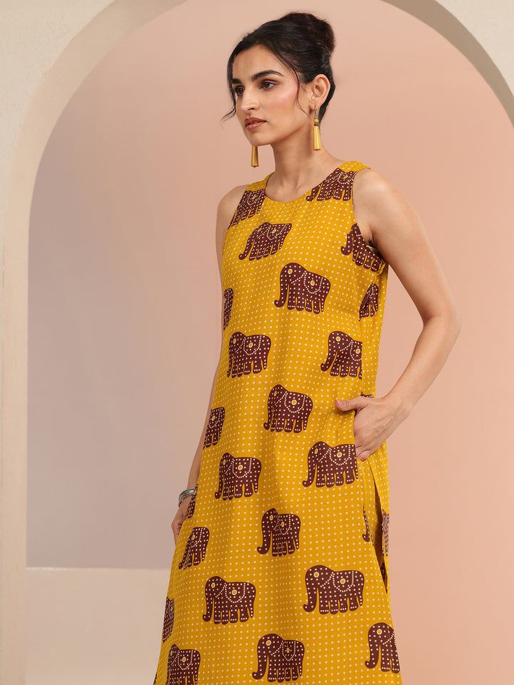 Mustard Tribal Printed Cotton Blend Straight Kurta Set