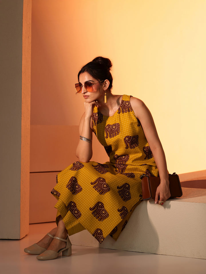 Mustard Tribal Printed Cotton Blend Straight Kurta Set