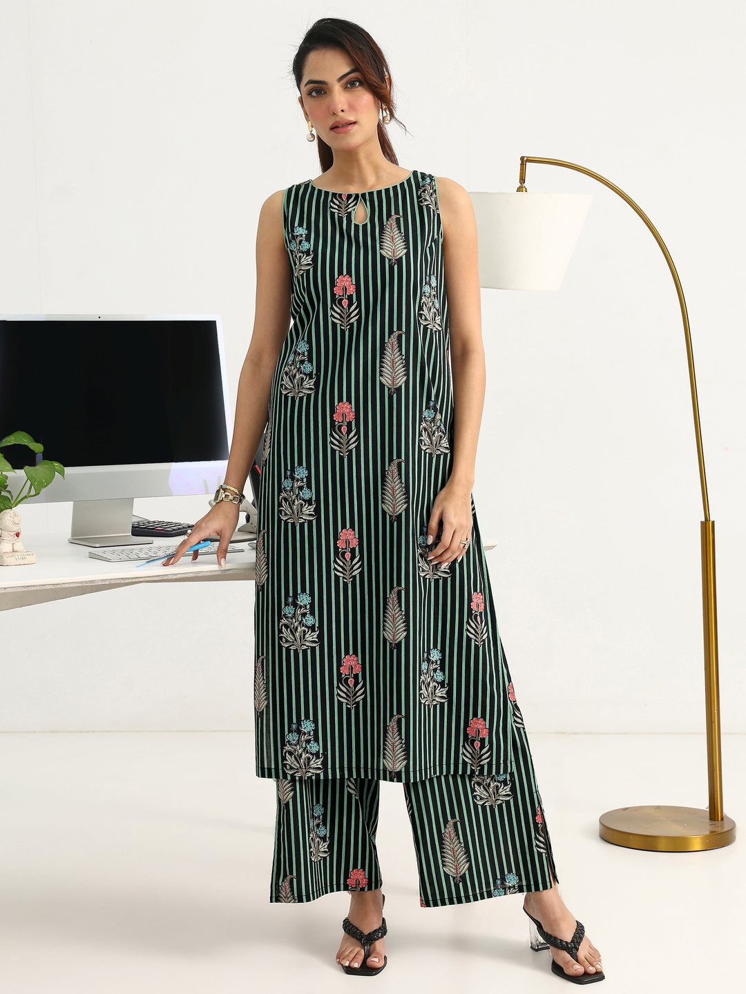 Green Striped Printed Cotton Blend Straight Kurta Set