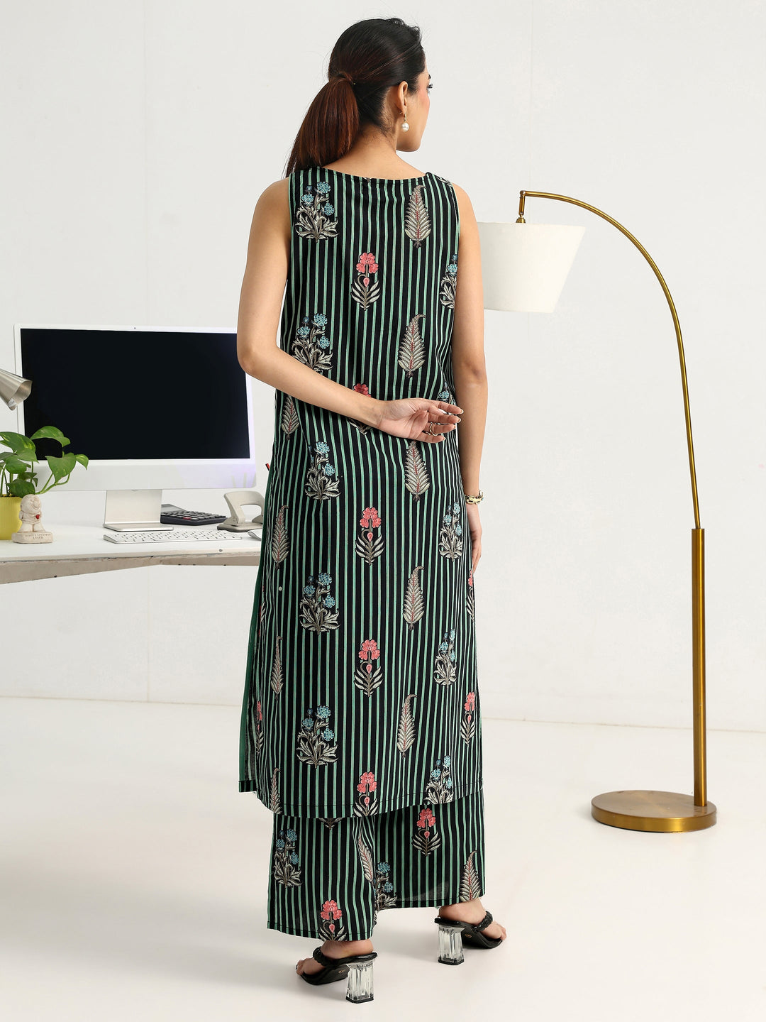 Green Striped Printed Cotton Blend Straight Kurta Set