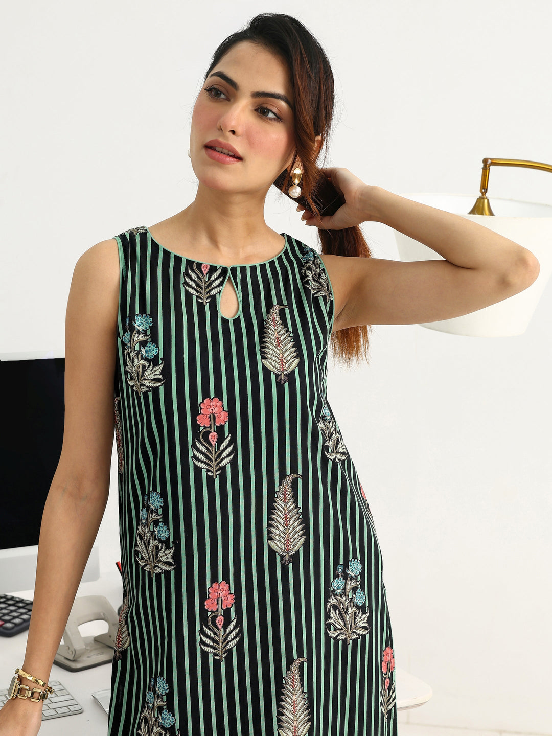 Green Striped Printed Cotton Blend Straight Kurta Set