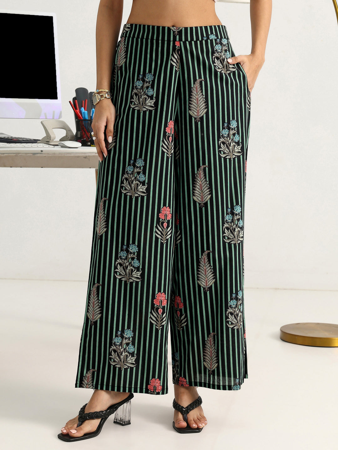 Green Striped Printed Cotton Blend Straight Kurta Set