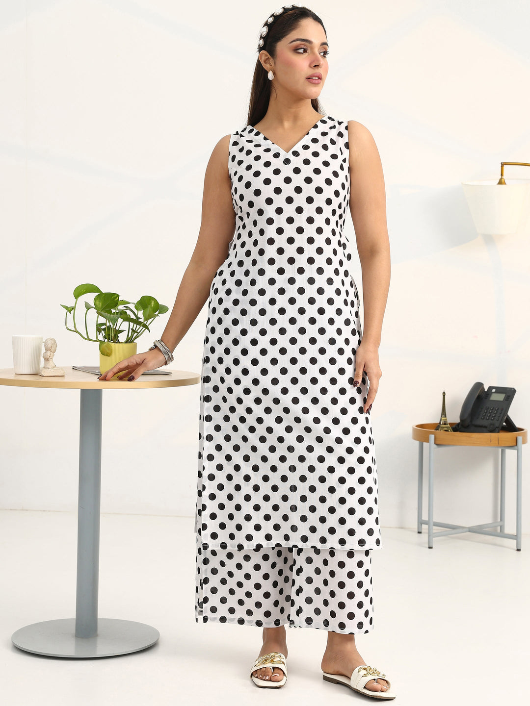 White Geometric Printed Cotton Blend Straight Kurta Set